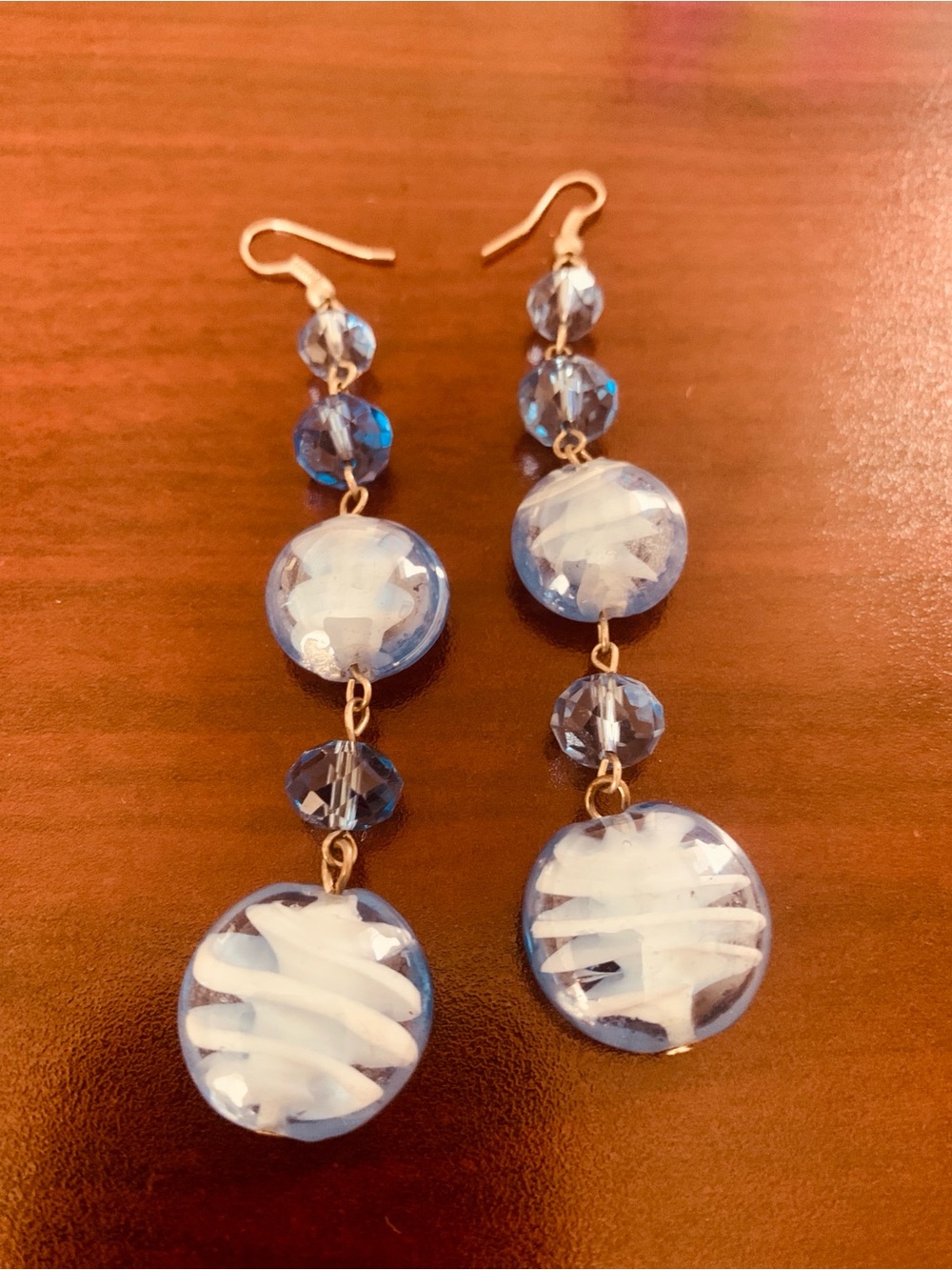 Handmade Light Blue Glass Drop Earrings - White Swirl Accent
